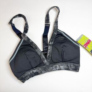 Zumba NWT! Women's Orbital Criss Cross Bra Black Gray Adjustable Straps Size XS